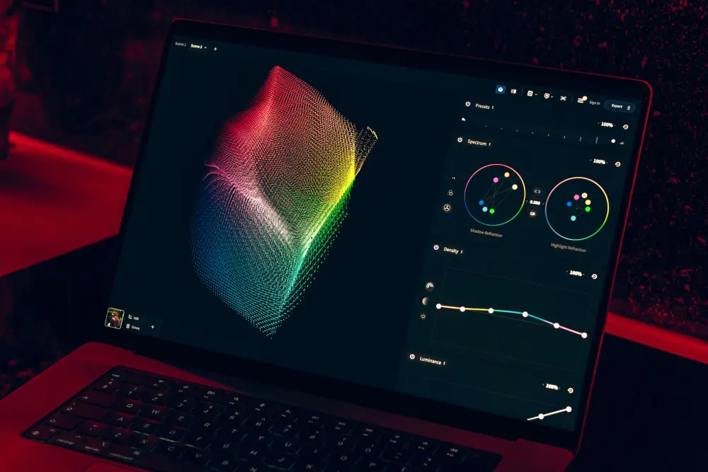 A laptop screen displaying a colorful 3D data visualization particle mesh with a control panel for spectrum, density, and luminance adjustments under red ambient lighting.