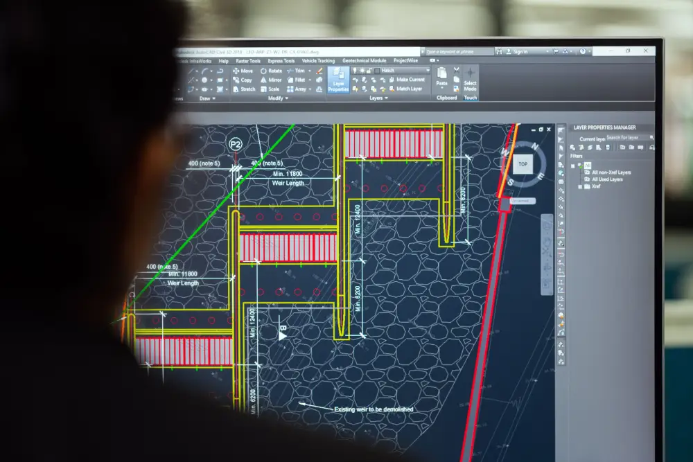 An over-the-shoulder view of an engineer looking at a desktop monitor displaying complex civil engineering blueprints and technical layout designs in Autodesk AutoCAD Civil 3D.